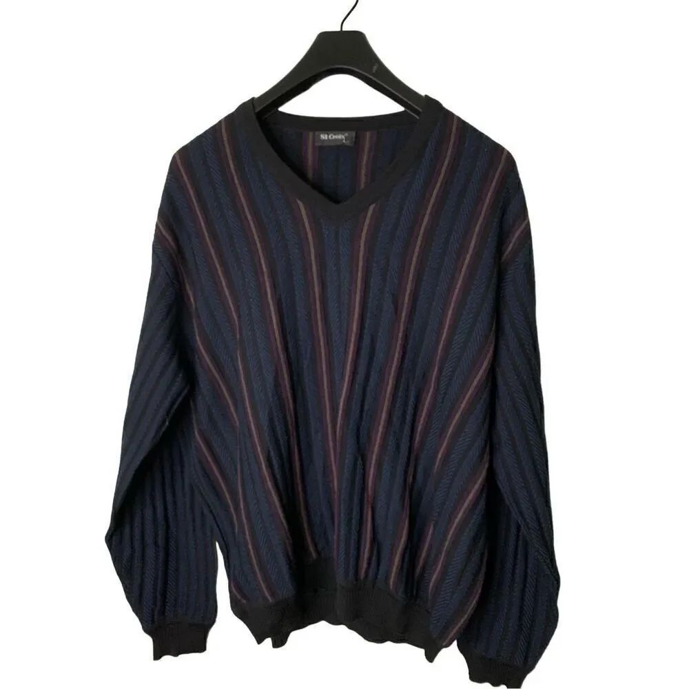 St. Croix Cosby granpda sweater pullover v neck striped men's size large